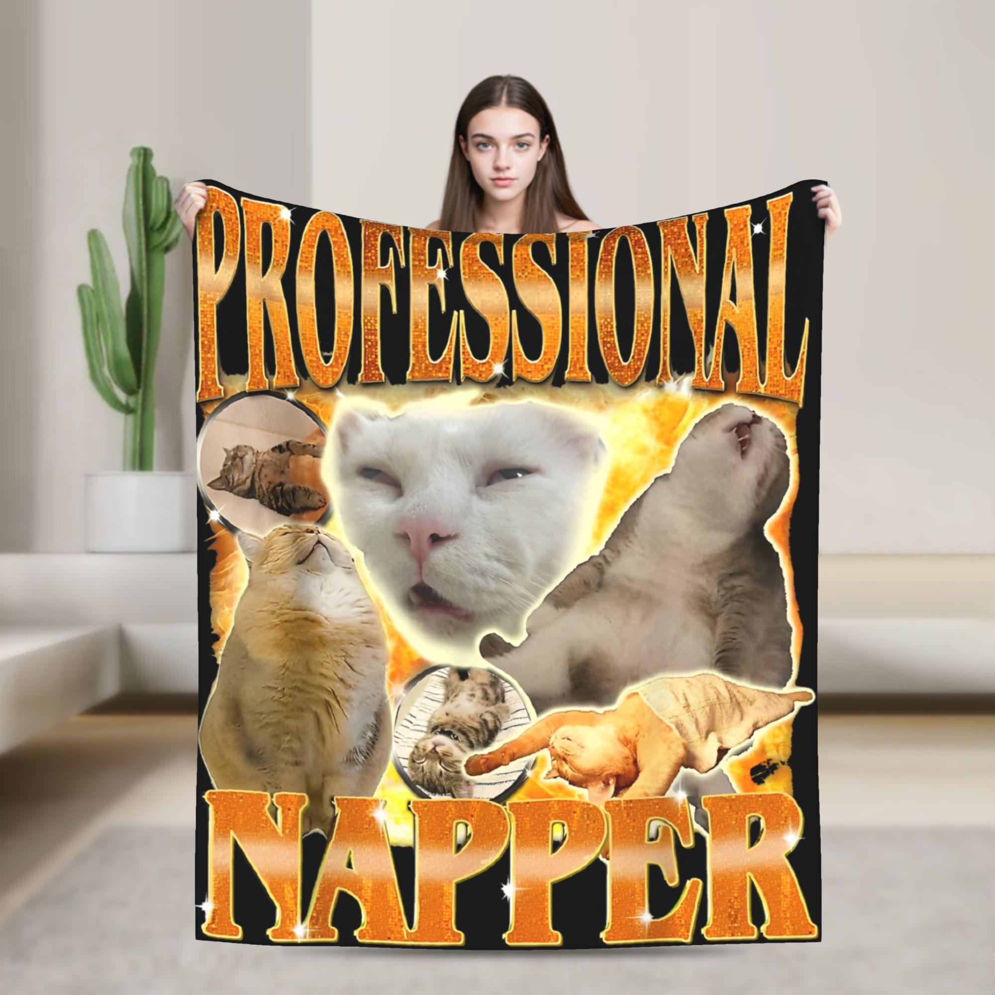 Funny Cat Meme Professional Napper Sarcasm Humor Cat Saying Blanket Warm Soft Throw Blanket Winter Travel Home Decor Bedspread 75x90cm