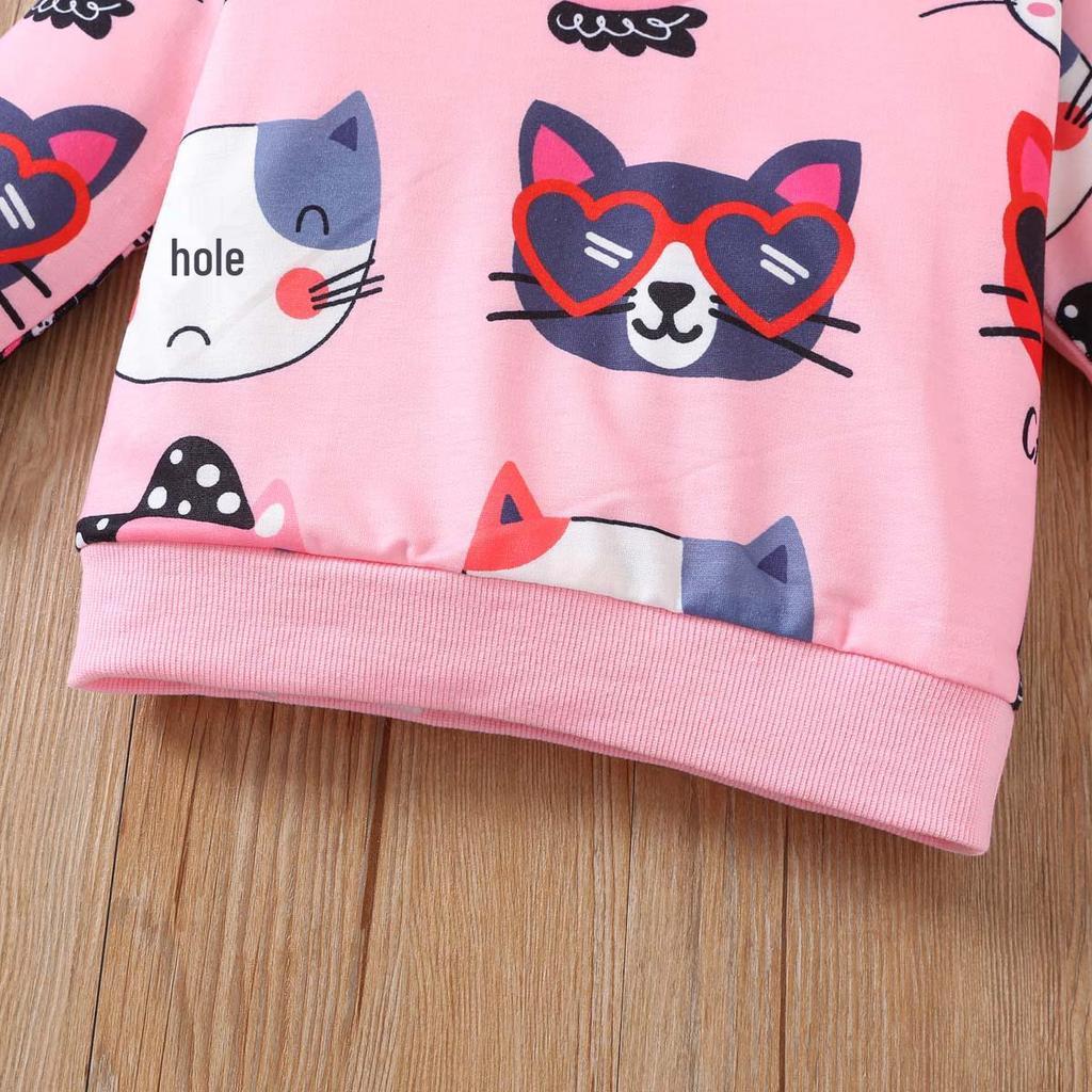Girls' Cat Hooded Pullover and Pants Set - Spring/Autumn Fashion Two-Piece Outfit