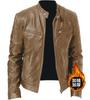 Winter business gentleman thermal zipper cardigan pocket decorative plush thick pu leather jacket stand-up collar slim leather jacket