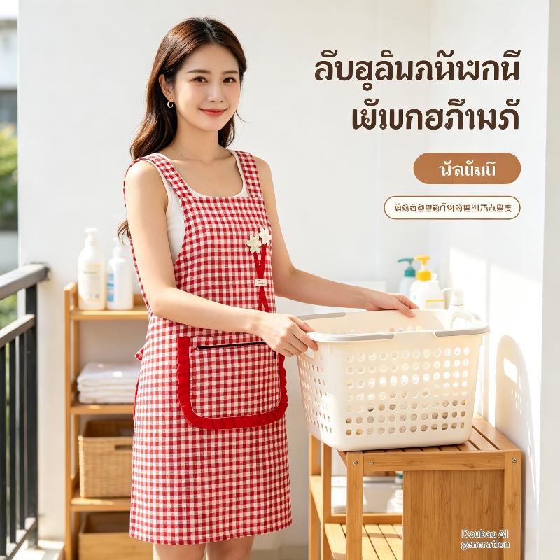 Black And White Checkered Apron With Cute Flower Decorations And Large Pockets.