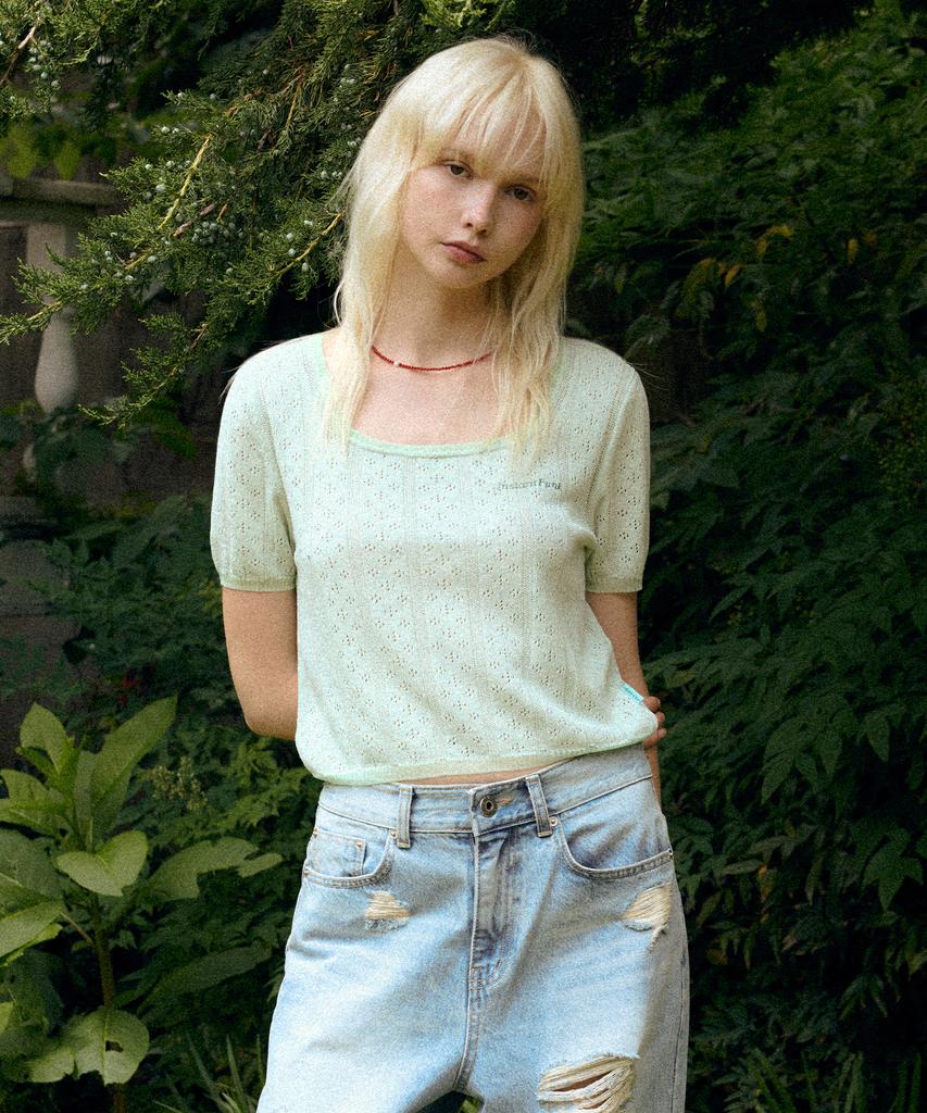 INSTANTFUNK Embroidered Short Sleeve Knit - Mint