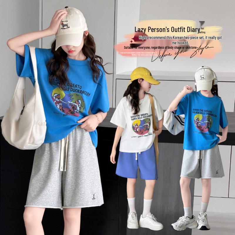 2026 New Style Girls' Cartoon T-shirt & Shorts Set – Trendy, Loose-Fit Activewear for Older Children