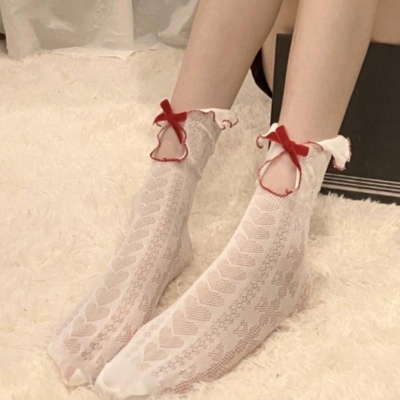 New Designer White Black Socks Women Sexy Fishnet Breathable Frill Edge Long Sock Japanese Style JK Lolita Kawaii Bowknot Socks