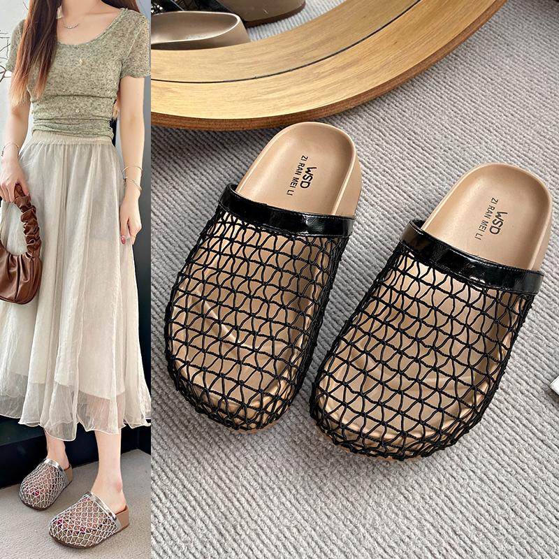 Fashion Flat Mesh Breathable Outward Wear Baotou Slippers Women's Summer 2025 Hollow New Sandals
