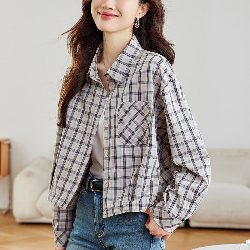 Plaid Shirt for Women's Spring and Autumn Clothes New Short Small Style Literary Retro Plaid Shirt
