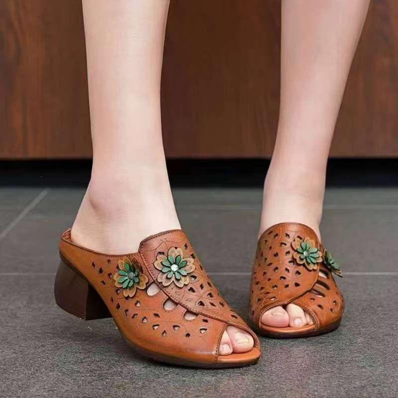 Women Flower Hollow Slippers Fish Mouth Comfortable Versatile Mid-heeled Women Sandals Women's Shoes