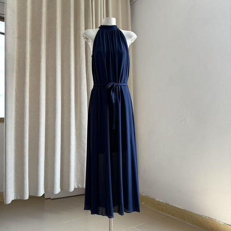 

Chiffon Sleeveless Long Big Hemline Dress Blue L