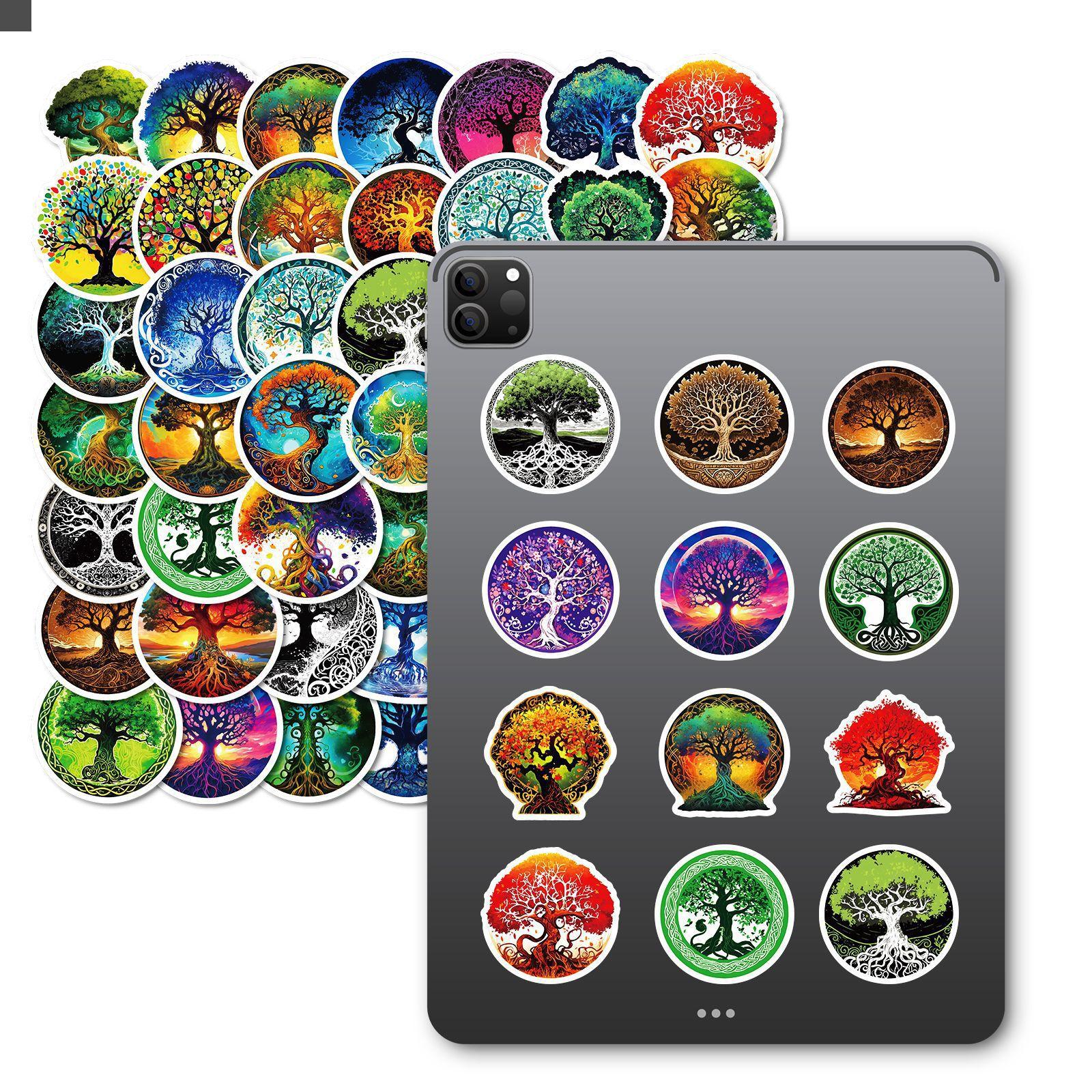 

50 Life Tree Hand Account Literary Stickers Creative Totem Pattern Retro Mobile Phone Case Water Cup Computer Decoration Stickers