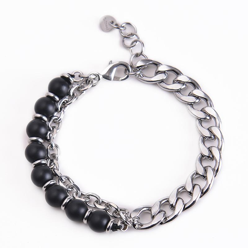 Meier Stainless Steel Men's Bracelet, Double-layer Tiger's Eye Stone Bracelet, Natural Stone Beaded Chain Bracelet