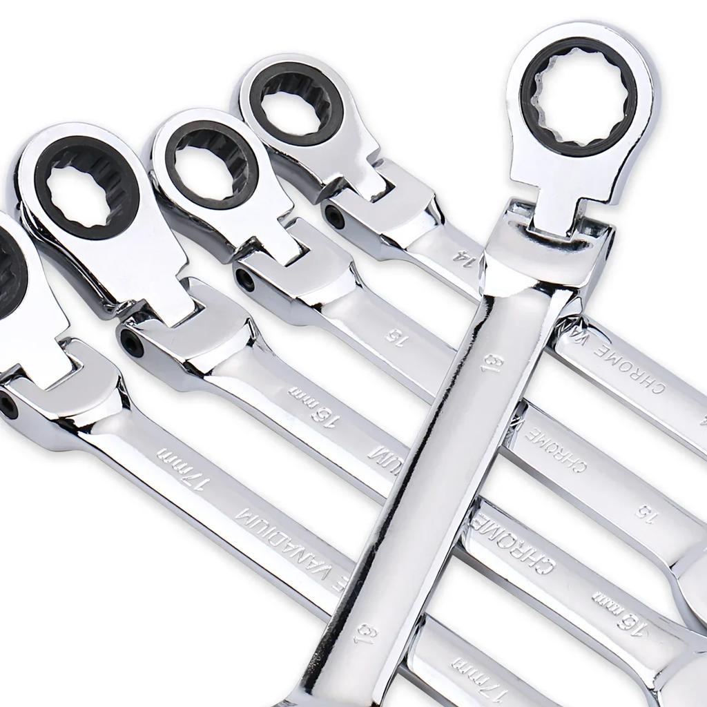Flexible Head Ratchet Wrench Set, Metric, Chrome Vanadium Steel Combination Wrench Wrench Set Hardware Hand Tools Amagi