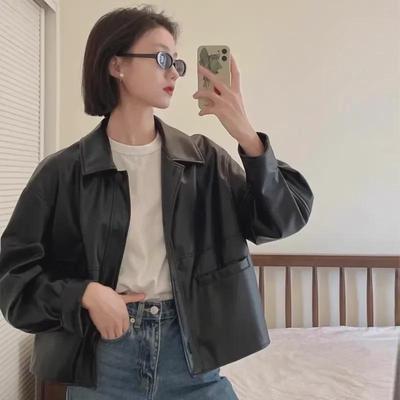 2024 Japanese Retro Lapel Single-Breasted PU Leather Jacket for Women - Spring/Autumn Trendy Long-Sleeve Coat