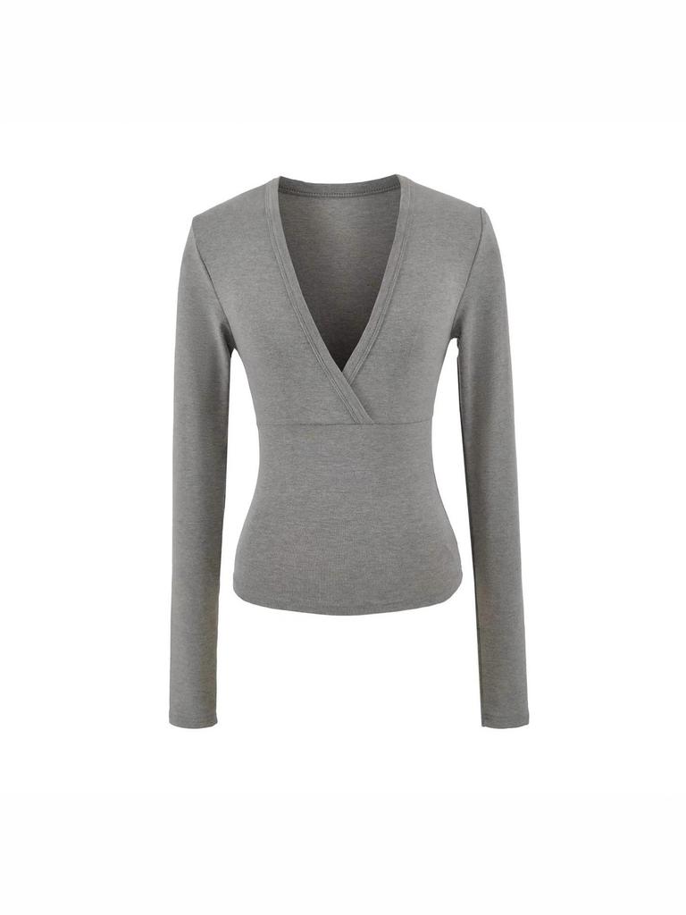 Women's Spicy American Deep V-neck Waist-cinching Long-sleeve T-shirt - Slim Fit for Autumn