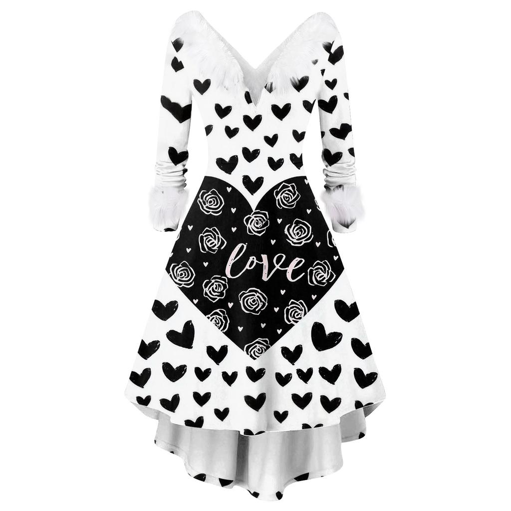 Damen stilvolles und elegantes langärmeliges V-Ausschnitt Kleid mit Valentinstags-Herzprint