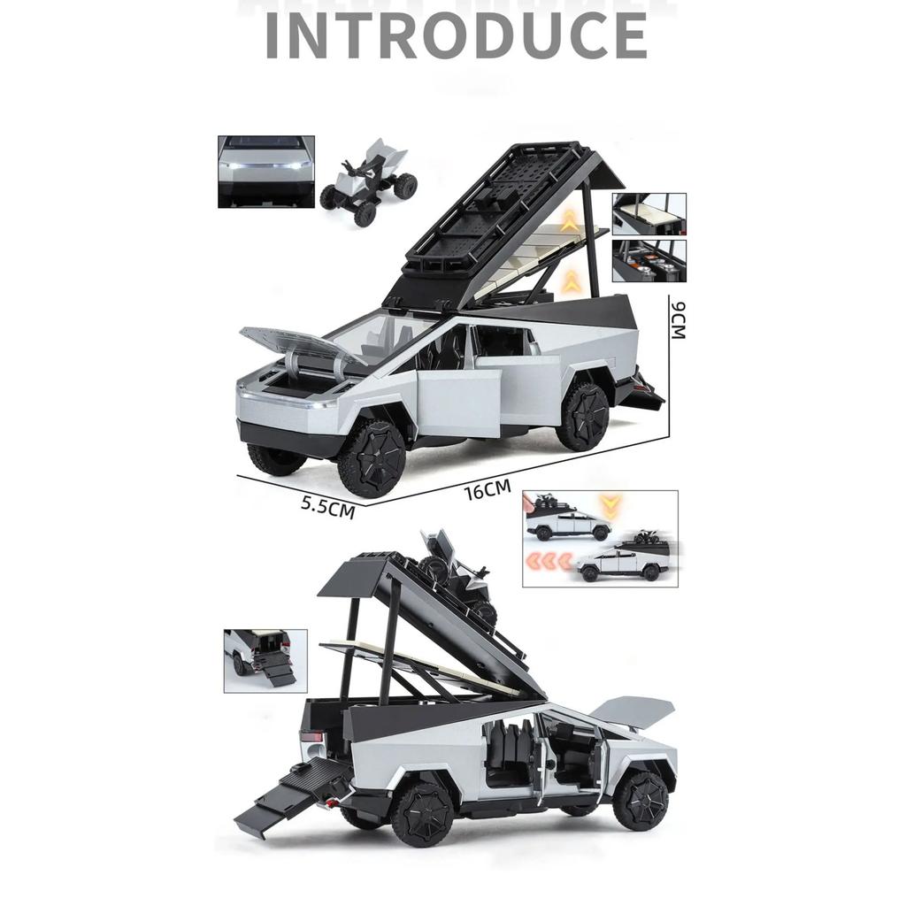 1/32 Tesla Cyber the Truck Pickup Alloy Camping RV Car Model Diecasts Metal Toy Van Motorhome Touring Car Model Sound Light Kids Gifts