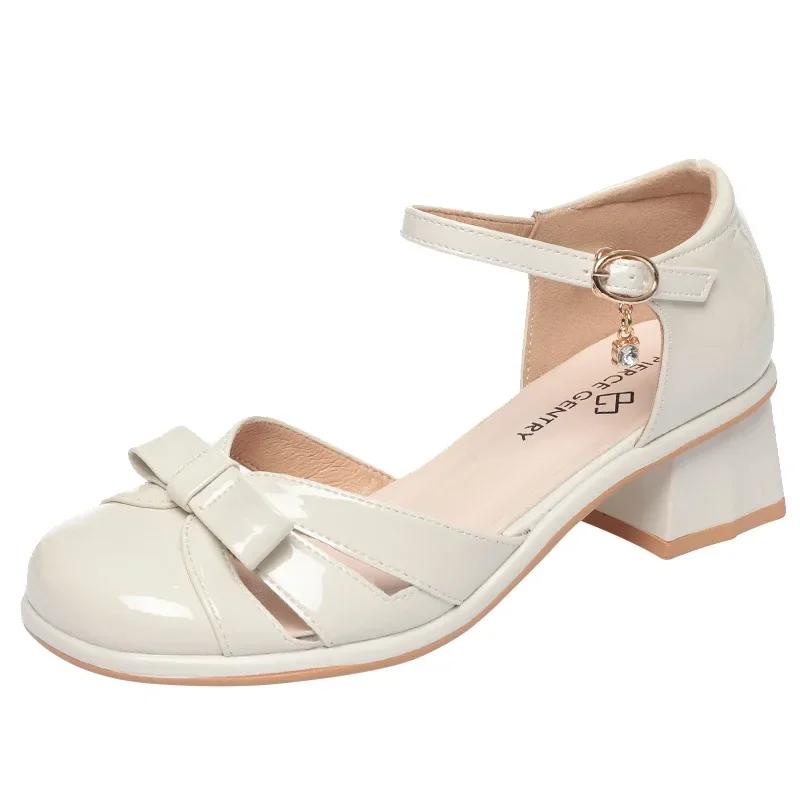 4.5cm Comfortable Fashion Sweet Bow Close Head Leather Sandals Summer 2024 Med Block Heels Shoes for Office Mom Daily Girls
