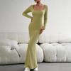 Abito da donna in maglia tinta unita a maniche lunghe con scollo quadrato slim fit autunno