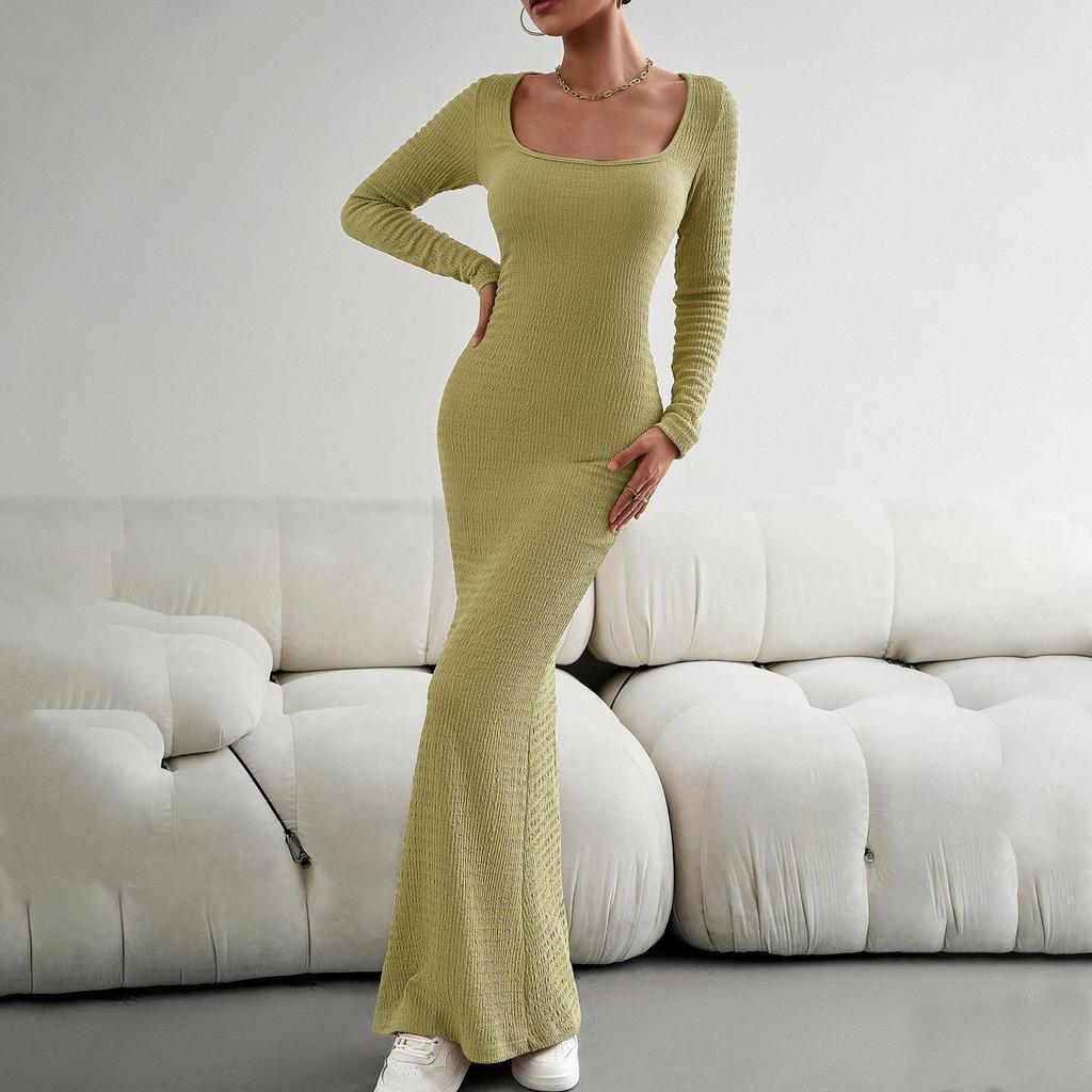 Abito da donna in maglia tinta unita a maniche lunghe con scollo quadrato slim fit autunno