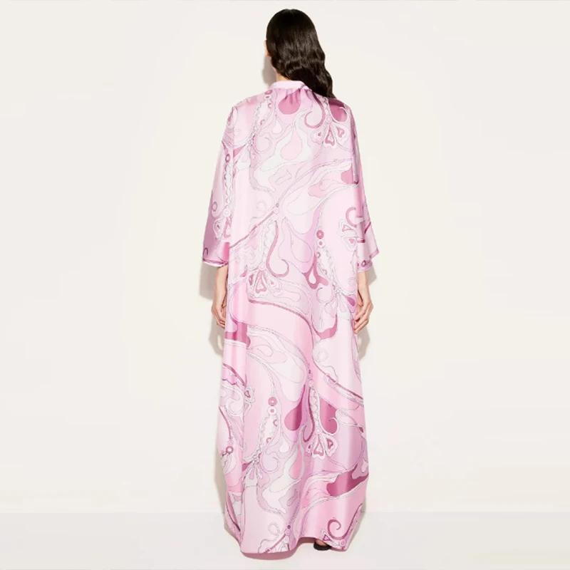 Pattern Printed Party Dress Retro Seven Quarter Sleeve Middle Eastern Dress Ladies O-neck Lace Up Loose Robe Dress