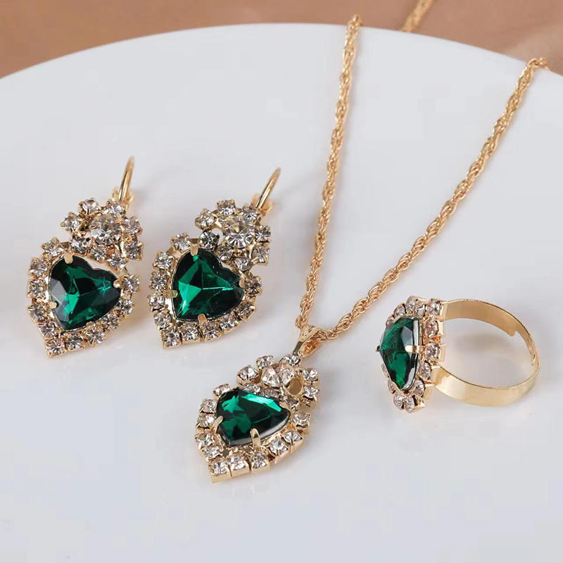 Necklace Earring Ring Three Piece Set Women's Water Droplet Heart-shaped Rhinestone Sets Fashionable Bridal Accessory