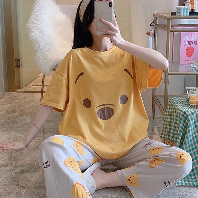 Women's Korean Style Summer Pajama Set - Cute Cartoon Design, Short Sleeve Top, Long Pants, Plus Size