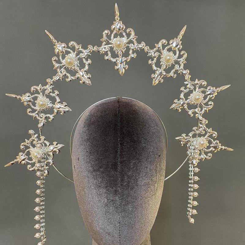 

Gothic Lolita KC Halo Crown Headpiece Goddess Silver Spike Bead Chain Halo Hairband Festiva Party Punk Hair Accessories