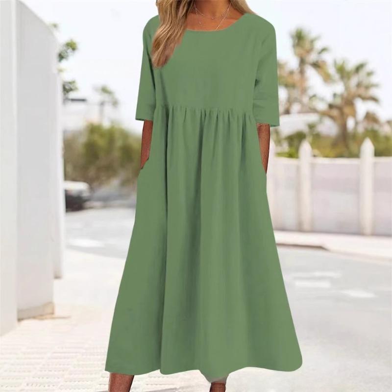 Women's Retro Cotton Linen Linen Patchwork Pleated Mid Sleeve Dress