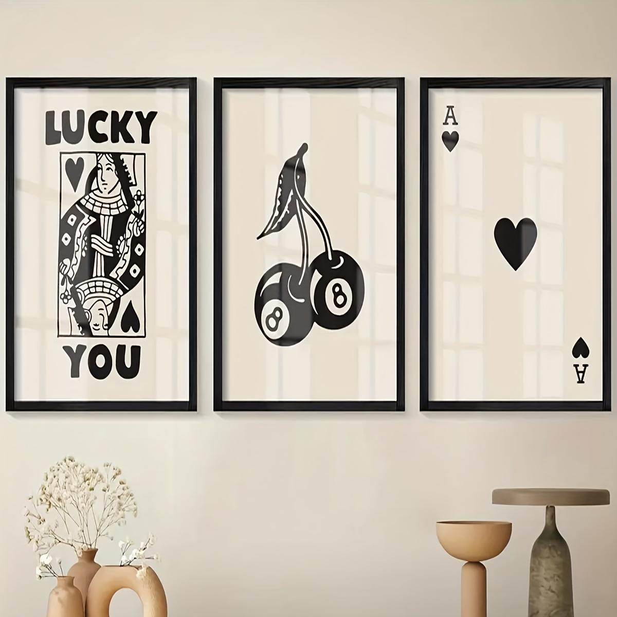 

3pcs Lucky You & Queen of Hearts Playing Cards Wall Art Posters, Vintage Farmhouse Home Decor, Frameless, Minimalist Black & Whi 20x30cm-3pcs