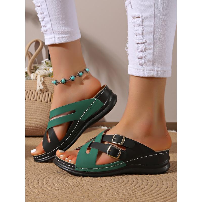 Fish Mouth Thick Bottom Slope Heel Slippers Beach One Word Large Size Multi-color Simple Women Summer Leaking Toe Outer Slippers