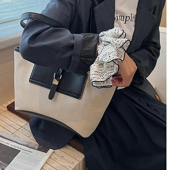 2025 New Versatile Contrasting Color Canvas Leather Splicing Personalized Retro Large-capacity Handbag Tote Bag