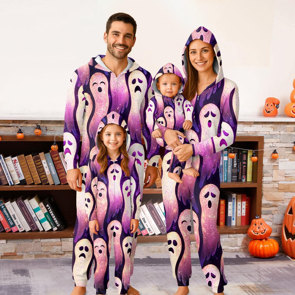 Halloween Printed Family Matching Hooded Long Sleeved Zippered Hooded Jumpsuit Set