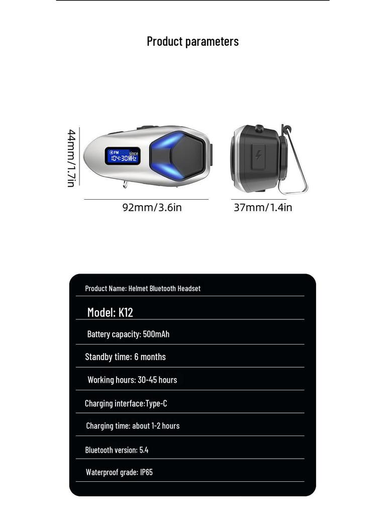 K12 Zinc Alloy Bluetooth Helmet Headset with FM Radio, Waterproof, Long Battery Life for Riding & Music.