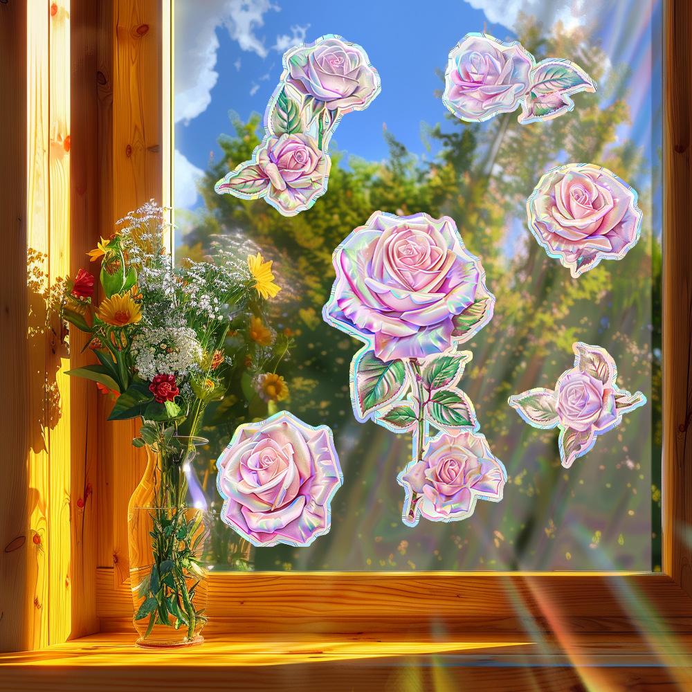 Wholesale of BXC004UV Laser Dazzling Pink Rose Balcony Window Beautification and Decoration Static Window Stickers
