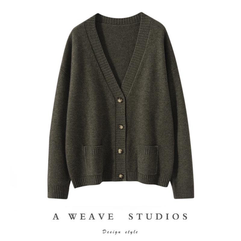 Women's Minimalist V-Neck Cashmere Cardigan - Buttoned, Thick, Wool Sweater Coat