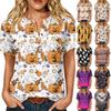 Women's Casual Halloween Print V Neck Short Sleeve Button Detail Three Quarter Sleeve T Shirt Top for Everyday Wear