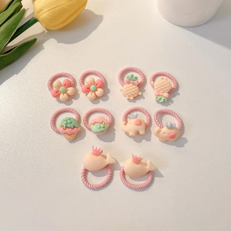 Pack of 10 Cartoon Hair Ties with Fruit/Flower Theme Designs for Little Girl and Children Sprinig Hair Styling Hairband