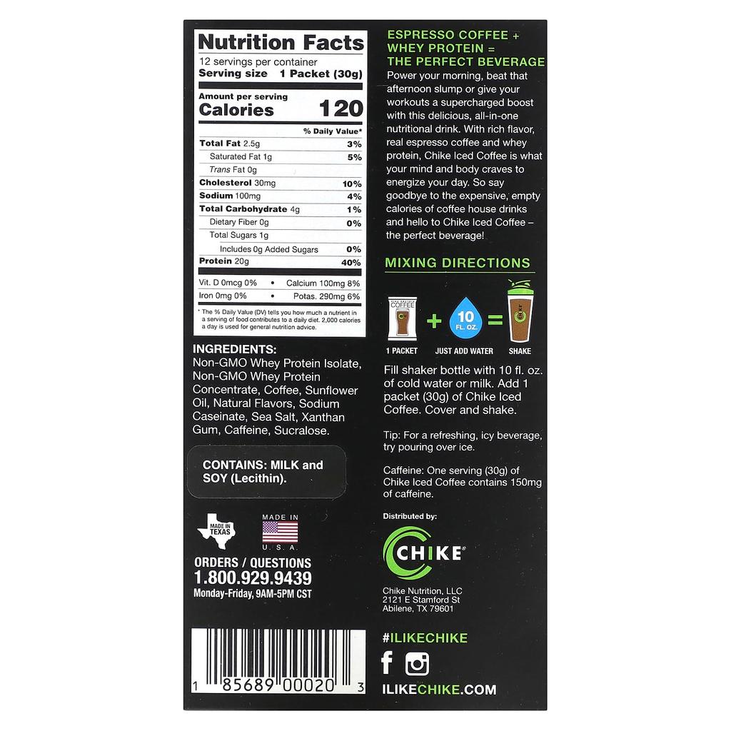 Chike Nutrition High Protein Iced Coffee, Cinnamon, 12 Packs, 1.06 Oz (30 G) Each