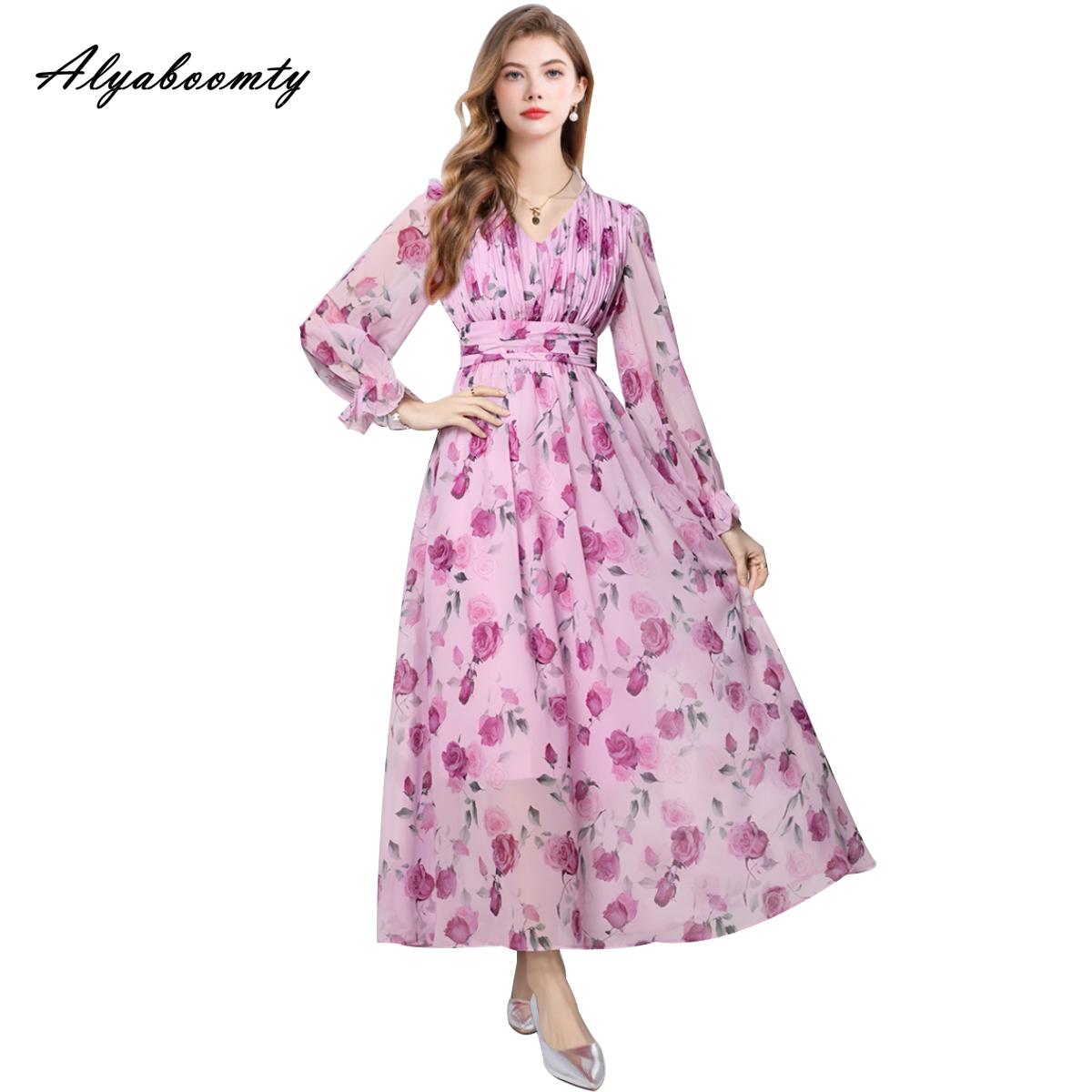 

Элегантное Модное Весенне-Осеннее Женское Макси Длинное Платье с V-образным Вырезом, Черным Цветочным Принтом, Платье Офисной Леди с Длинным Рукавом, Женственное Шифоновое Платье 2XL