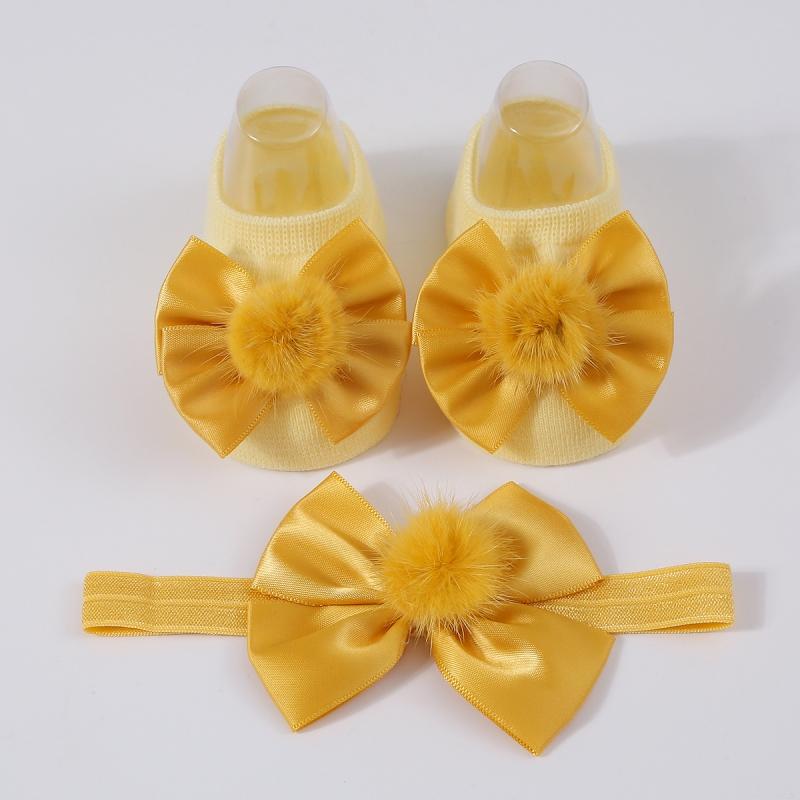 Baby Girl Princess Socks With Headband, Plush Bowknot Children's Socks Solid Color Kids Socks
