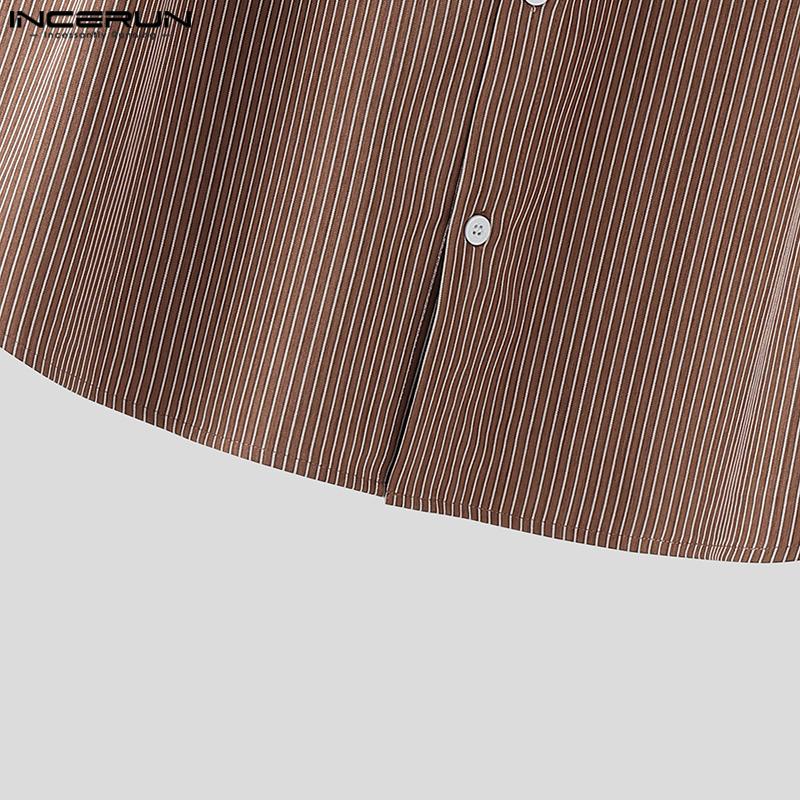 INCERUN Men Turn-down Collar Short Sleeve Patchwork Striped Casual Texture T-shirts