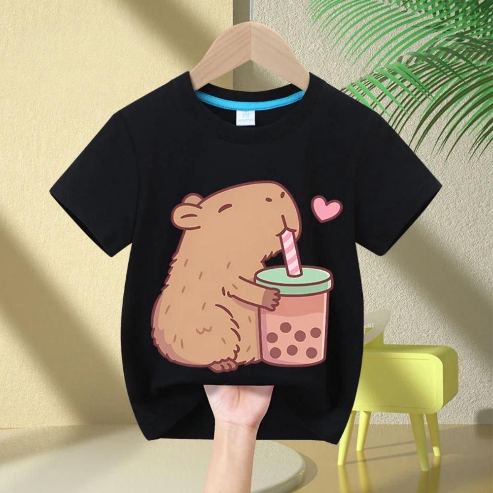 Capybara Girls' T-Shirt Summer Cute Graphic T Shirts O-Neck Girls Short Sleeve Clothing Fashion Casual Tops Children's Clothing
