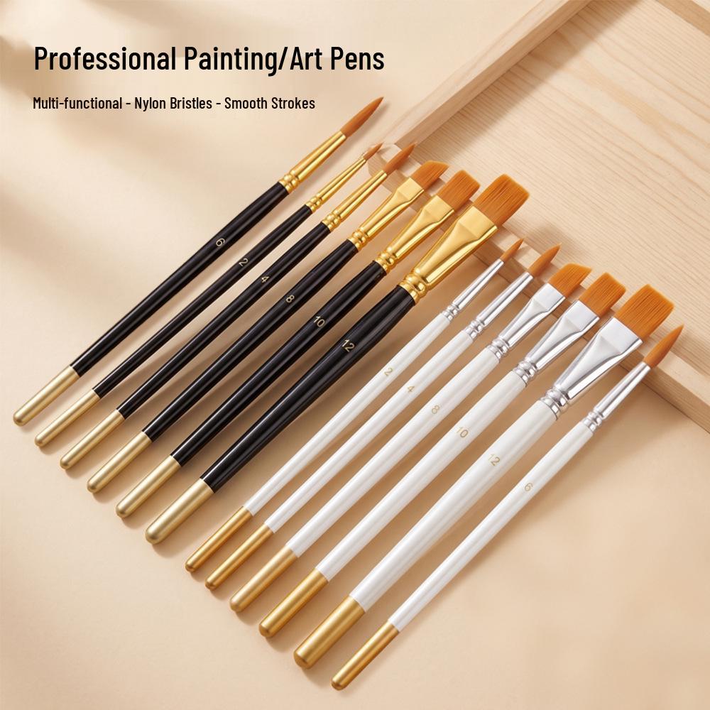 Nylon Art Brush Set - Ideal for Students: Perfect for Gouache, Acrylic, Watercolor, Oil Paints, Flat Brushes, Beginners, Linework, and Base Coating.