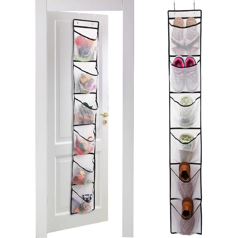 6 Large Breathable Mesh Pockets, Over The Door Shoe Organizer, Boots Hanging Storage Shoe Rack for Closet, Accessories - - White
