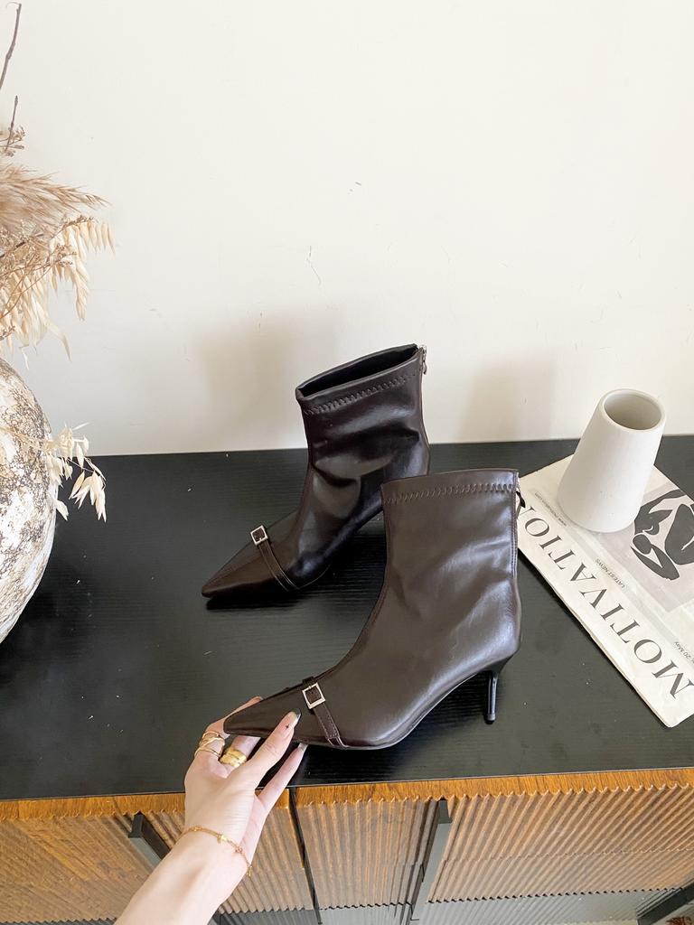 European style metal buckle elastic thin boots pointed temperament hundred buckle short boots white black brown