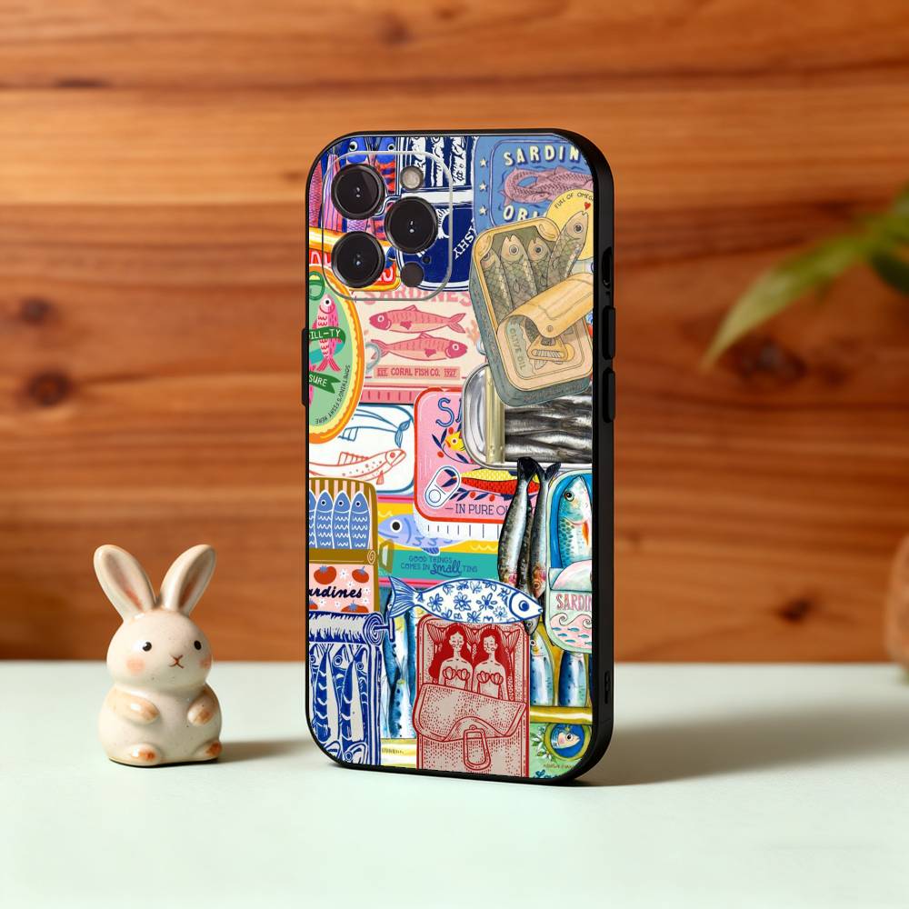 V-Vintage Canned Sardines Phone Case For iPhone17,16,15,14,13,12Plus,Pro Max,XS,5G Soft Silicone Black Cover