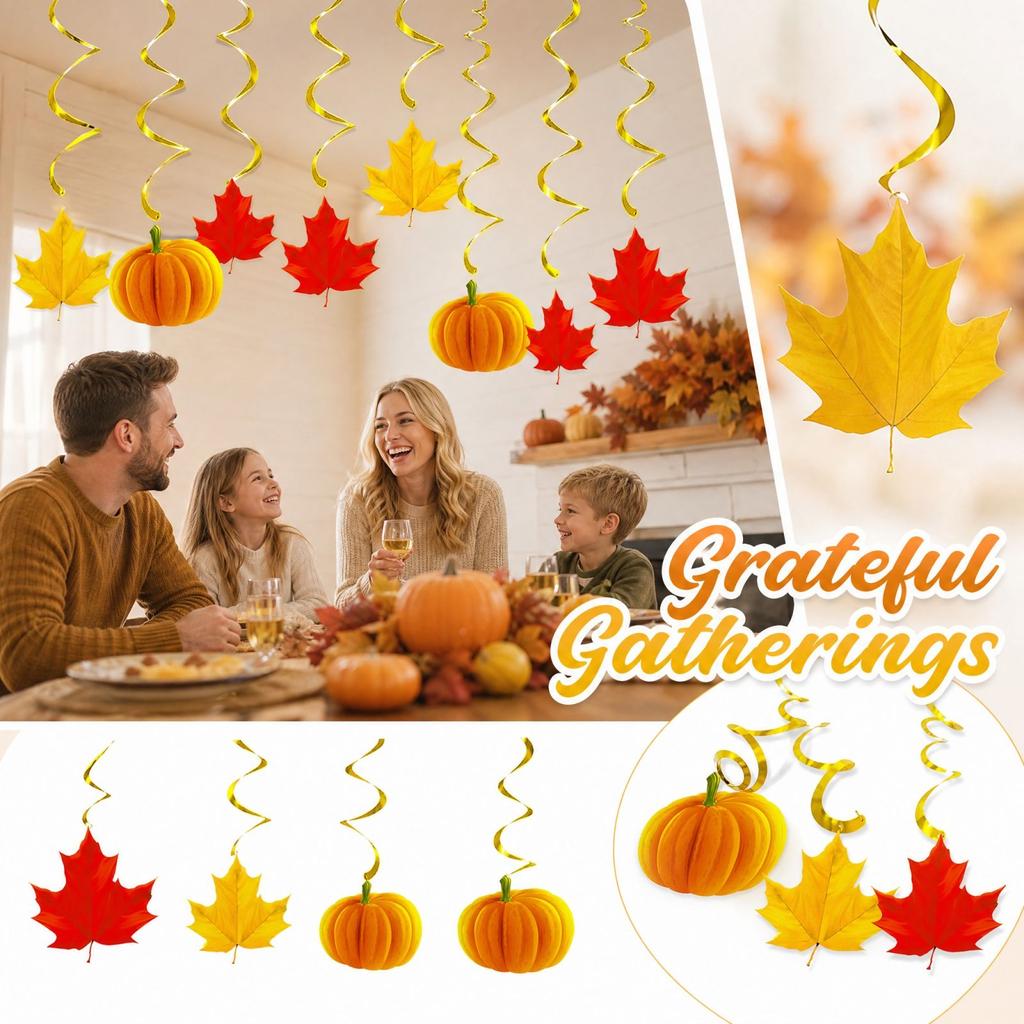 Thanksgiving Party Hanging Decorations Pumpkin Maple Leaf Ornaments (6 Pack)