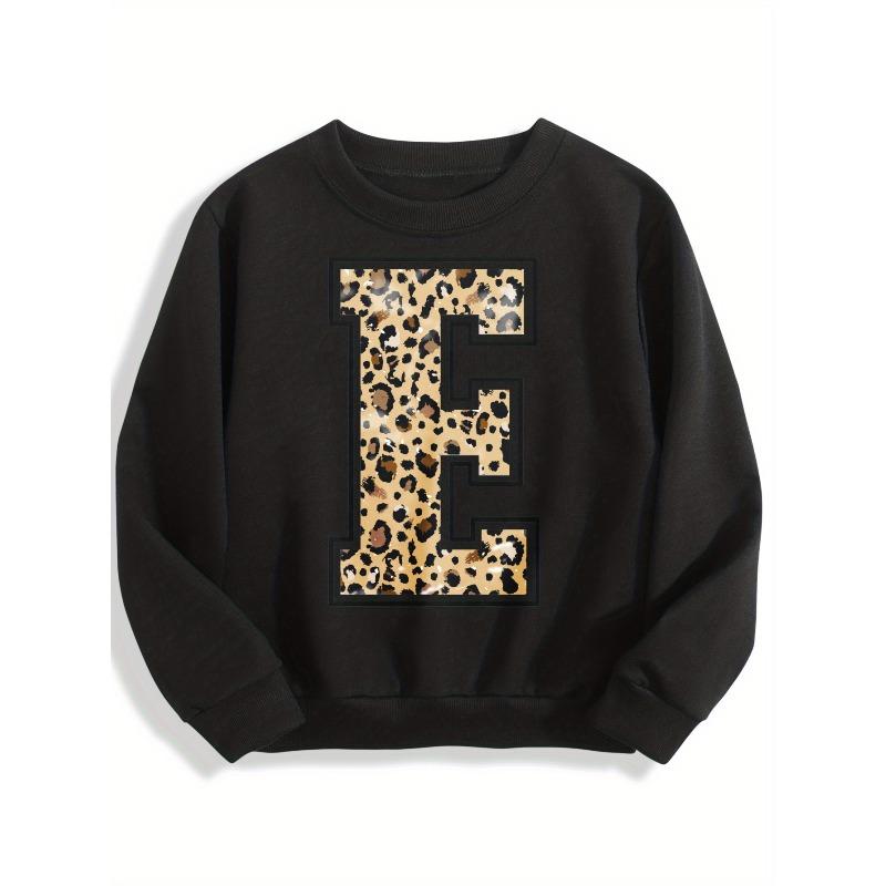 Kids Crewneck Sweatshirt, Black Floral Print with Leopard Letter E Graphic 110 чёрный