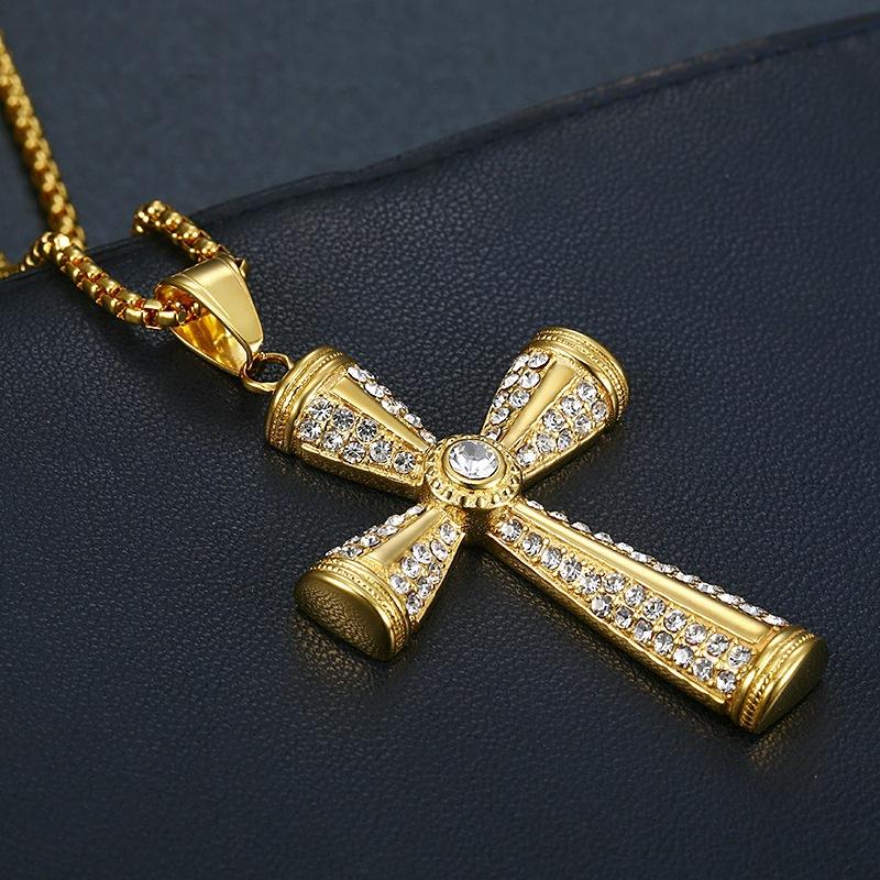 Religious Iced Out Bling Jesus Cross Pendants Gold Color Stainless Steel Zirconia Christian Necklaces For Women Men Jewelry