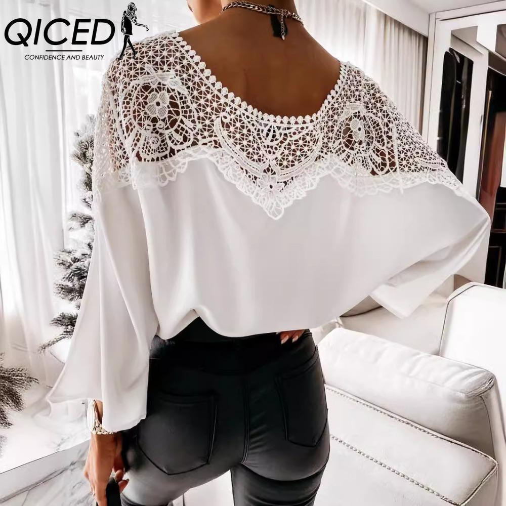 QICED Dámská móda Ležérní jednobarevné halenky a košile s dlouhým rukávem a výstřihem