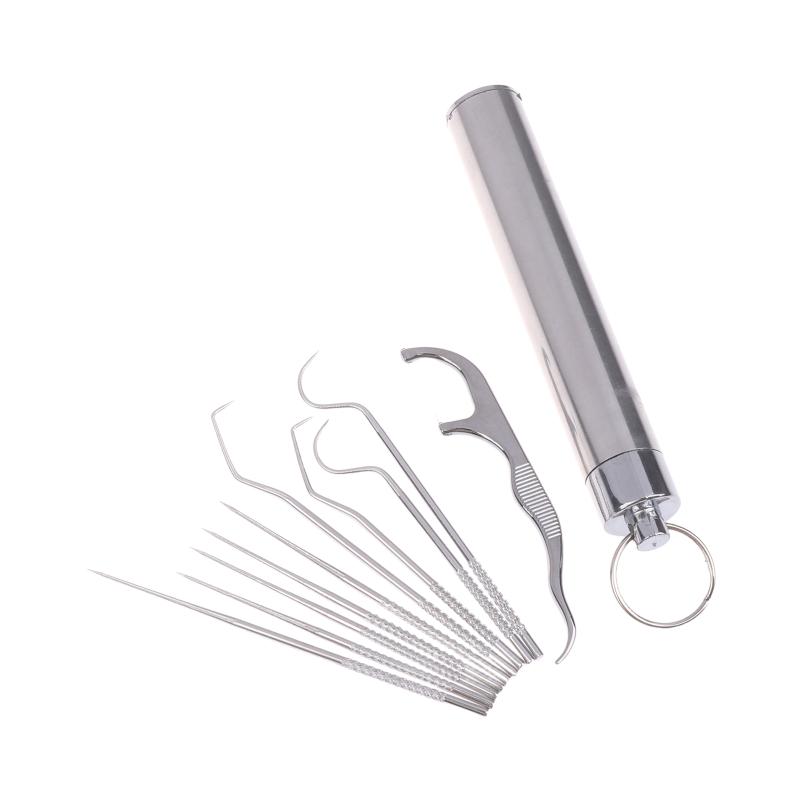 1 Set - Edelstahl-Zahnstocher-Sets Tragbares Zahnseide Wiederverwendbare Zahnstocher Zahnsteinentfernung Reinigungs-Kit Mit Schlüsselanhänger-Halter