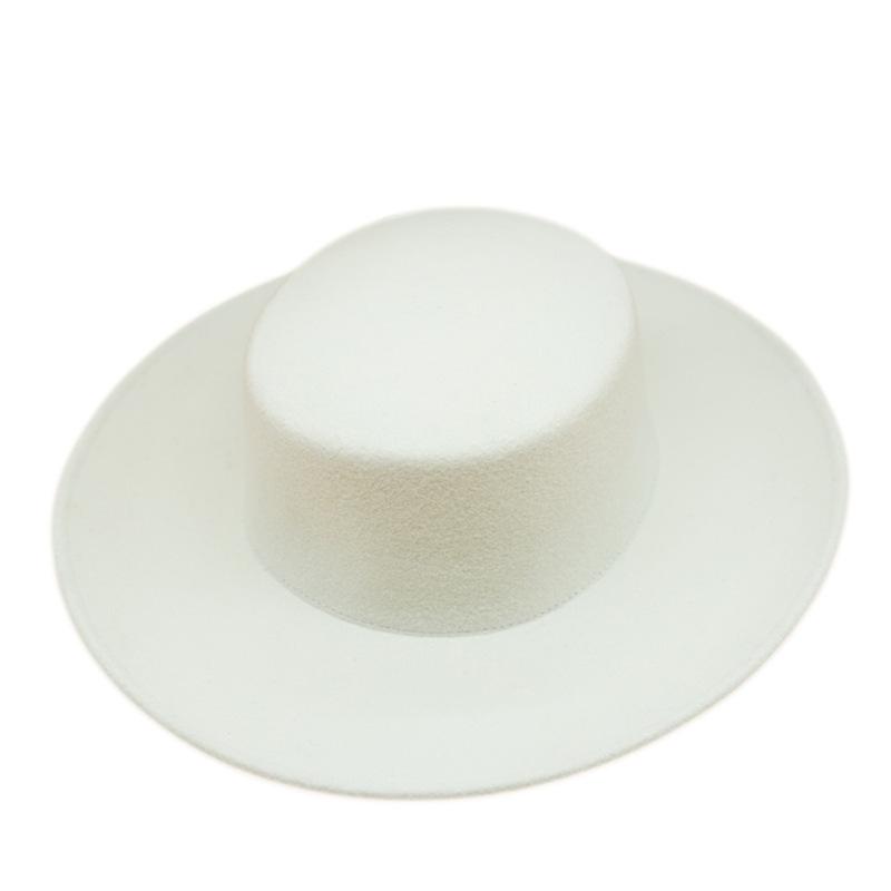 Korean White Woolen Flat Top Top Hat Women'S Autumn And Winter Wide Brim French Retro Foreign Trade Light Board Felt British Hat
